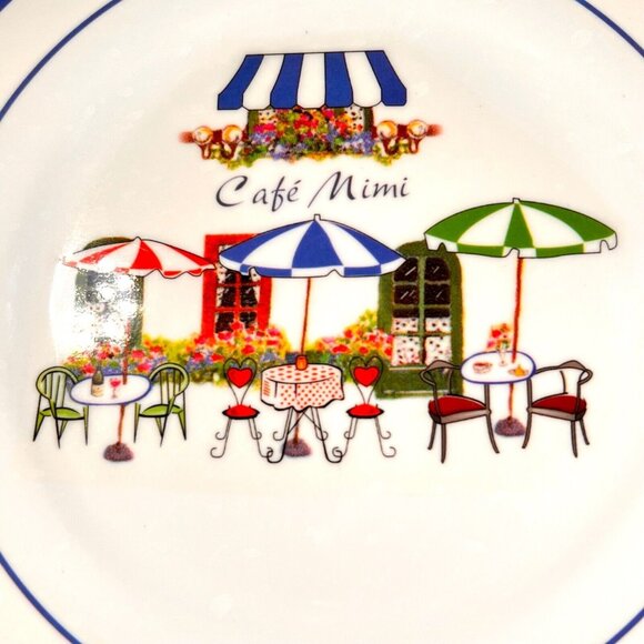 Miracle CAFE MIMI Melamine Melmac Set 4 Salad Plates French Cafe Umbrellas Paris - Picture 2 of 6